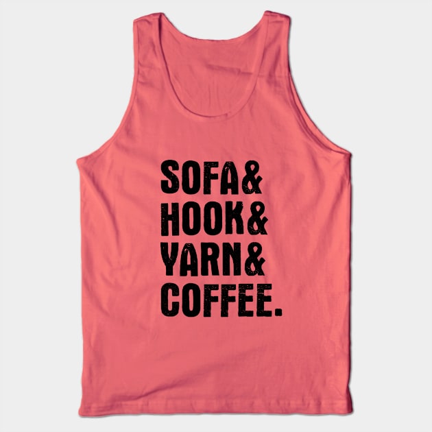 Sofa, hook, yarn & coffee (black) Tank Top by majoihart